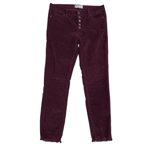 FREE PEOPLE BURGUNDY CORDUROY BUTTON FLY ANKLE/CROPPED SKINNY JEANS. SIZE 27. - Picture 1 of 7